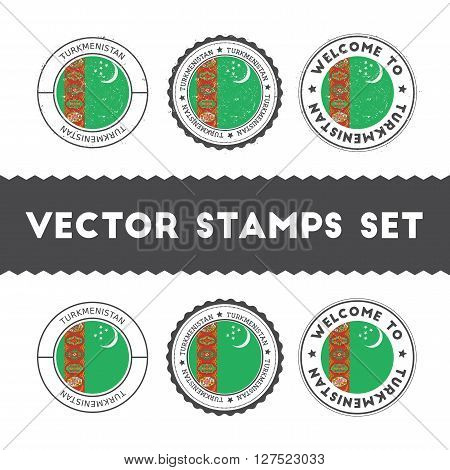 Turkmen Flag Rubber Stamps Set. National Flags Grunge Stamps. Country Round Badges Collection.