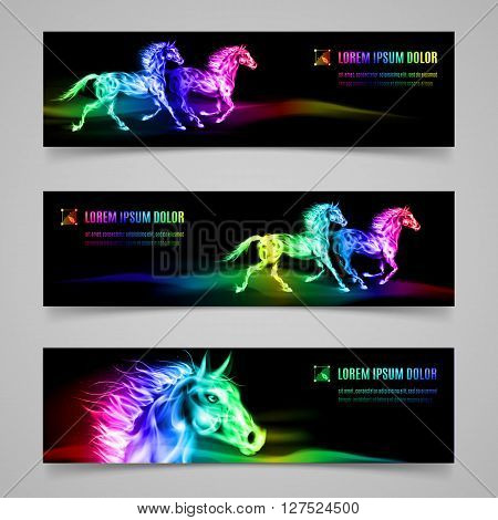 Set of banners with horses in multicolored flame