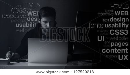web designer sitting at a desktop computer in the office