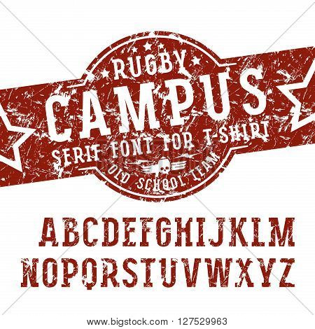 Slab serif font in sport style with shabby texture. Font design for t-shirt. Color print on white background
