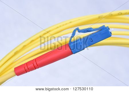 Closeup optic single mode type LC patch cord