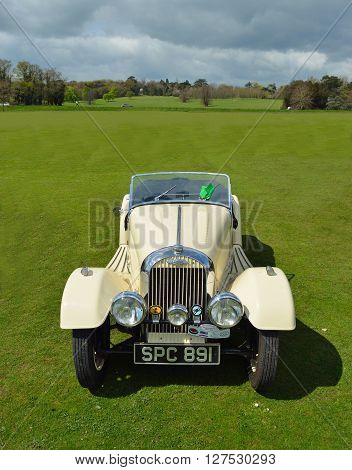 Saffron Walden, Essex, England - April 24, 2016: Classic white Morgan motor car.