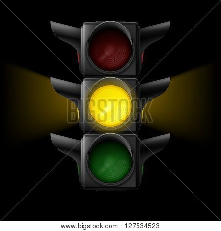 Realistic traffic lights with yellow lamp on. Wait signal. Illustration on black
