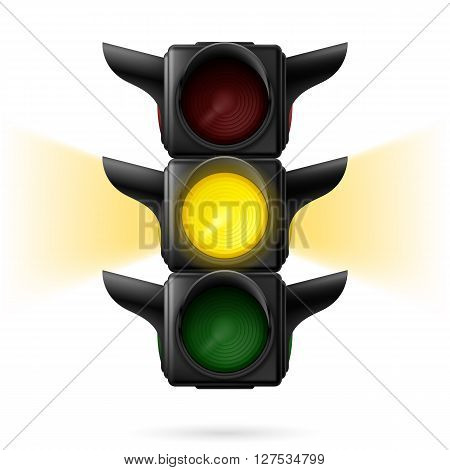 Realistic traffic lights with yellow color on and sidelight. Wait signal. Illustration on white background