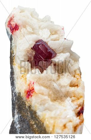 Red Crystal Of Cinnabar Mineral In Quartz
