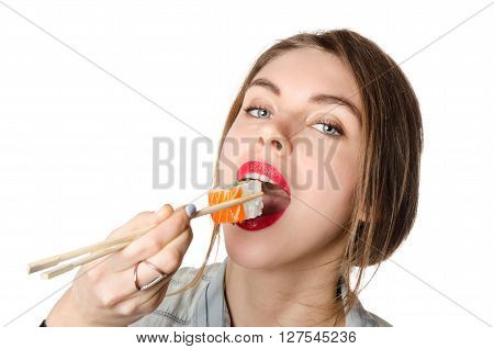 Beauty Woman eating Sushi on white background