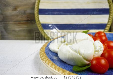 Traditional italian mozzarella buffalo with tomatoes and basil on blue-white plate copy space