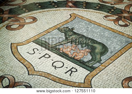 Milan, Italy - September 5th 2015: closeup photo of floor tiles in the Galleria Vittorio Emanuele II in Milan. The mosaic references the legend of Romulus and Remus.