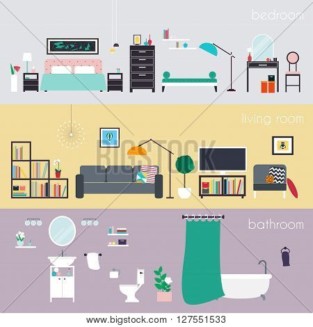 Set of colorful vector interior design house rooms with furniture icons: living room bedroom and bathroom. Furniture and Home Accessories. Flat style vector illustration.