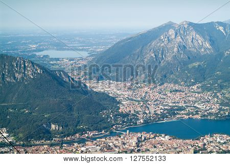 a beautiful view of Lecco from Piani d'Erna (part of the Alps) near Lake Como in Italy