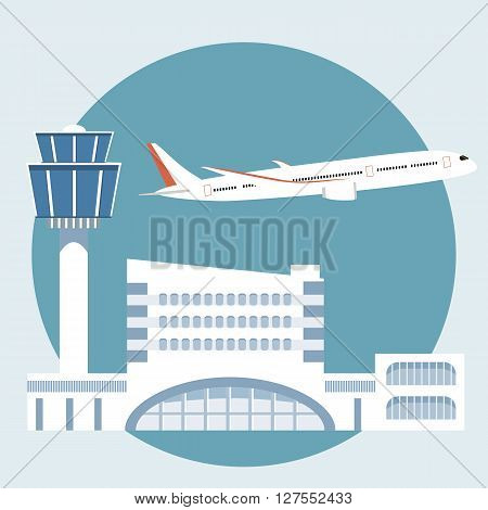 The illustration of airport terminal. Travel concept of planning a summer vacation tourism. Journey symbol airplane airport. Flat fesign icon vector illustration
