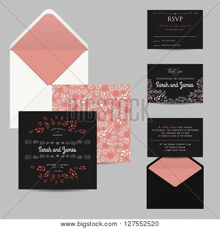 floral wedding set with invitation and rsvp cards and envelope