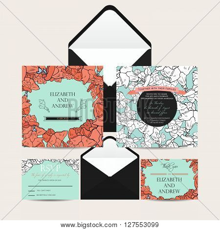 Wedding invitation set with abstract floral background