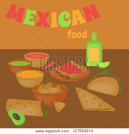 Mexican traditional food set, traditional cusine of Mexico, latino fast food menu takos, burrito, restaurant meal