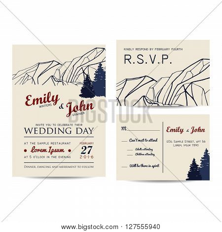wedding invitation set with mountains and fir-tree. winter invitation card