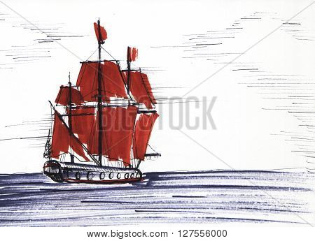 Marker sketch of the boat. Scarlet sails
