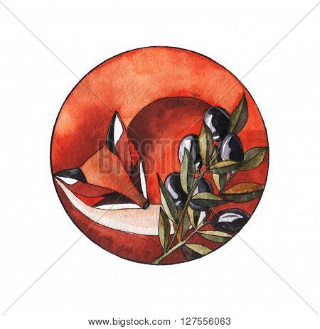 watercolor illustration. cute sleeping fox with olive branch