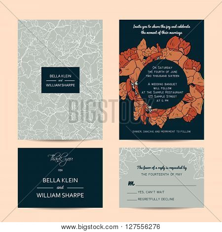 abstract wedding floral set with invitation and rsvp cards
