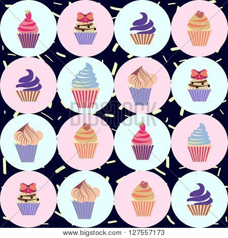 Vector Cute Hand drawn colorful seamless pattern with cupcakes Swets background.