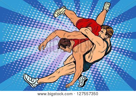 Greco Roman wrestling men pop art retro style. Wrestling. Athletics. Summer sports