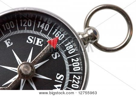 白い背景の上のクローズ アップ コンパス