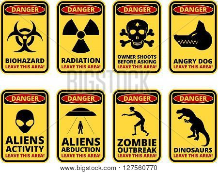 Vector warning humorous signs with sci-fi and rare hazards - vector set
