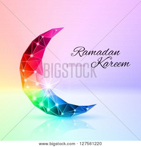 Glowing ornate crescent with reflection in rainbow shares. Greeting card of holy Muslim month Ramadan