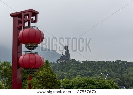 Tian Tan Buddha, with Chinese lanterns in the foreground
