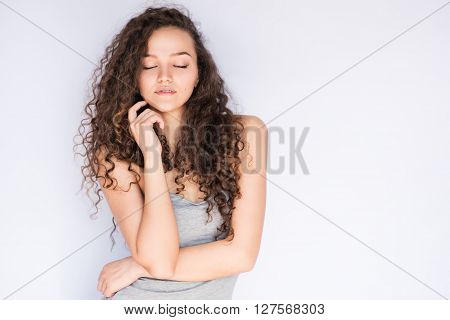 smile happy woman young curls beautiful background