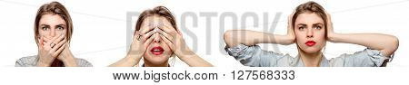 Pretty Young Woman Covers Ears, Mouth, Eyes Isolated. See No Evil, Hear No Evil, Speak No Evil Poses
