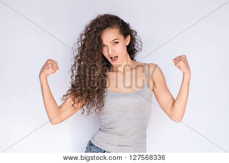 smile happy woman young curls beautiful background