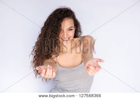 smile happy woman young curls beautiful background