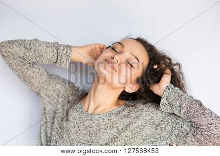 smile happy woman young curls beautiful on white background.