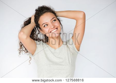smile happy woman young curls beautiful background