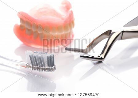 Teeth Model With Toothbrush And Forceps On White Background