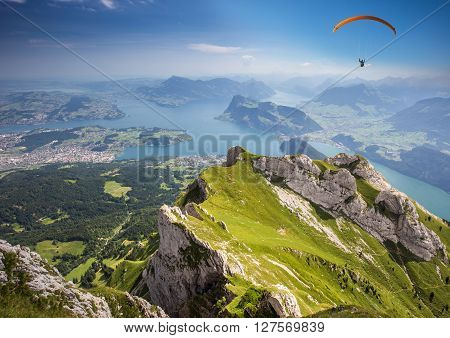 Beautiful view to Lucerne lake (Vierwaldstattersee) mountain Rigi and Buergerstock from Pilatus Swiss Alps Central Switzerland