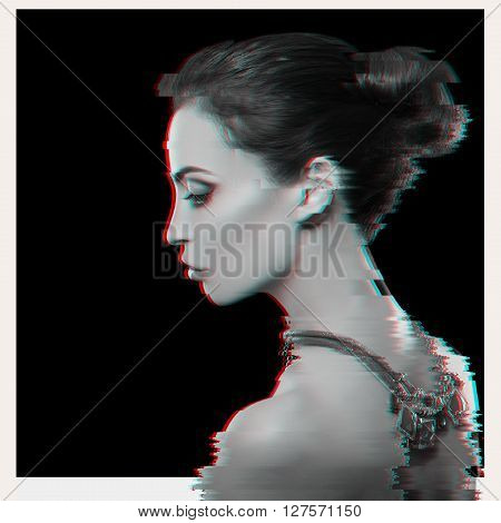 Glitched portrait. Attractive woman with jewerly. Fashion photo.