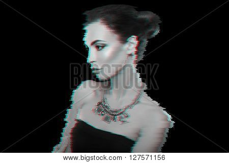 Glitched portrait. Attractive woman with jewelry. Fashion photo.