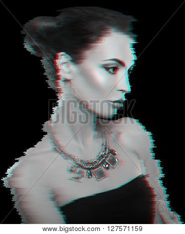 Glitched portrait. Attractive woman with jewelry. Fashion photo.