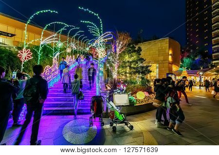 OSAKA JAPAN - NOVEMBER 23 2015: Namba Parks is an office and shopping complex features a lifestyle commercial center with a rooftop park that crosses multiple blocks while gradually ascending eight levels