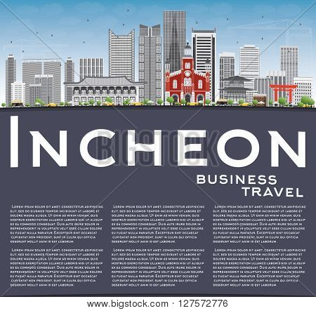 Incheon Skyline with Gray Buildings, Blue Sky and Copy Space. Vector Illustration. Business Travel and Tourism Concept with Modern Buildings. Image for Presentation Banner Placard and Web Site.
