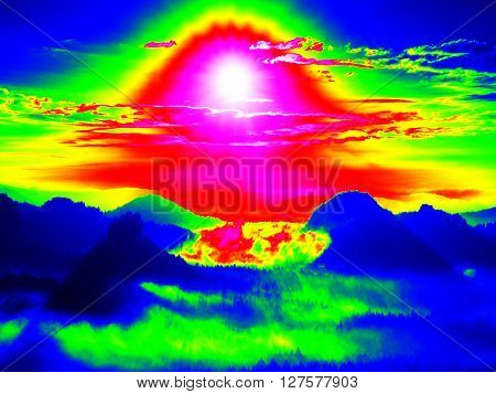 Infrared Scan Of Rocky Landscape, Pine Forest With Colorful Fog, Hot Sunny Sky Above. Amazing Thermo