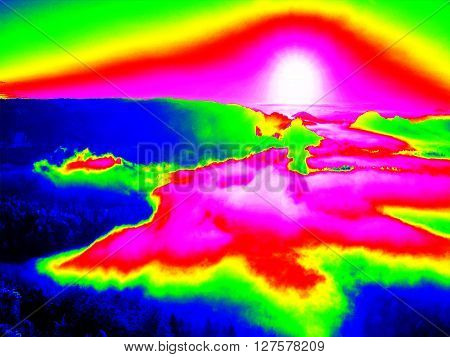 Infrared Scan Of Rocky Landscape, Pine Forest With Colorful Fog, Hot Sunny Sky Above. Amazing Thermo
