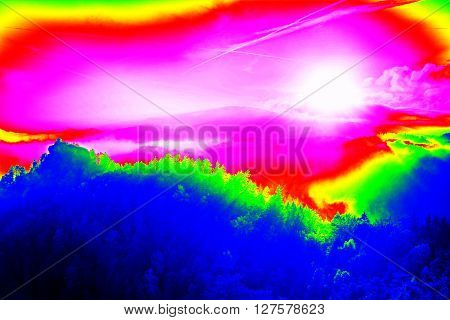 Infra Scan, Landscape Misty Panorama. Fantastic Dreamy Sunrise On Rocky Mountains With View Into Val