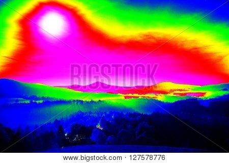 Infra Scan, Landscape Misty Panorama. Fantastic Dreamy Sunrise On Rocky Mountains With View Into Val