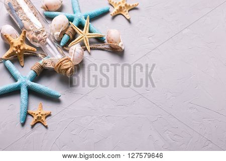 Marine items on grey tetured slate background. Sea objects. Selective focus. Place for text.