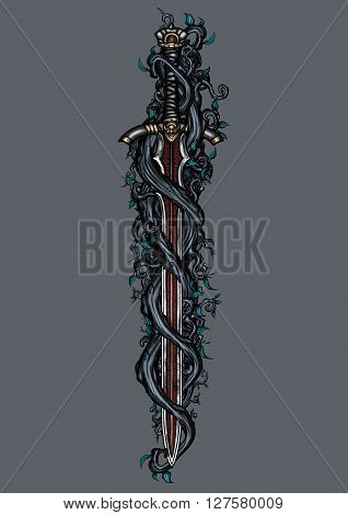 Illustration murky tree's roots like tentacles intertwined with sinister magic sword
