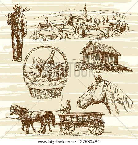 Farm, rural landscape, agriculture - hand drawn collection