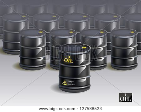 A big group of black new oil barrels. vector illustration.3d