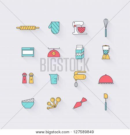 Line icons set in flat design. Elements of Cooking Foods and Kitchen outline and baking. Modern infographic linear vector illustration.